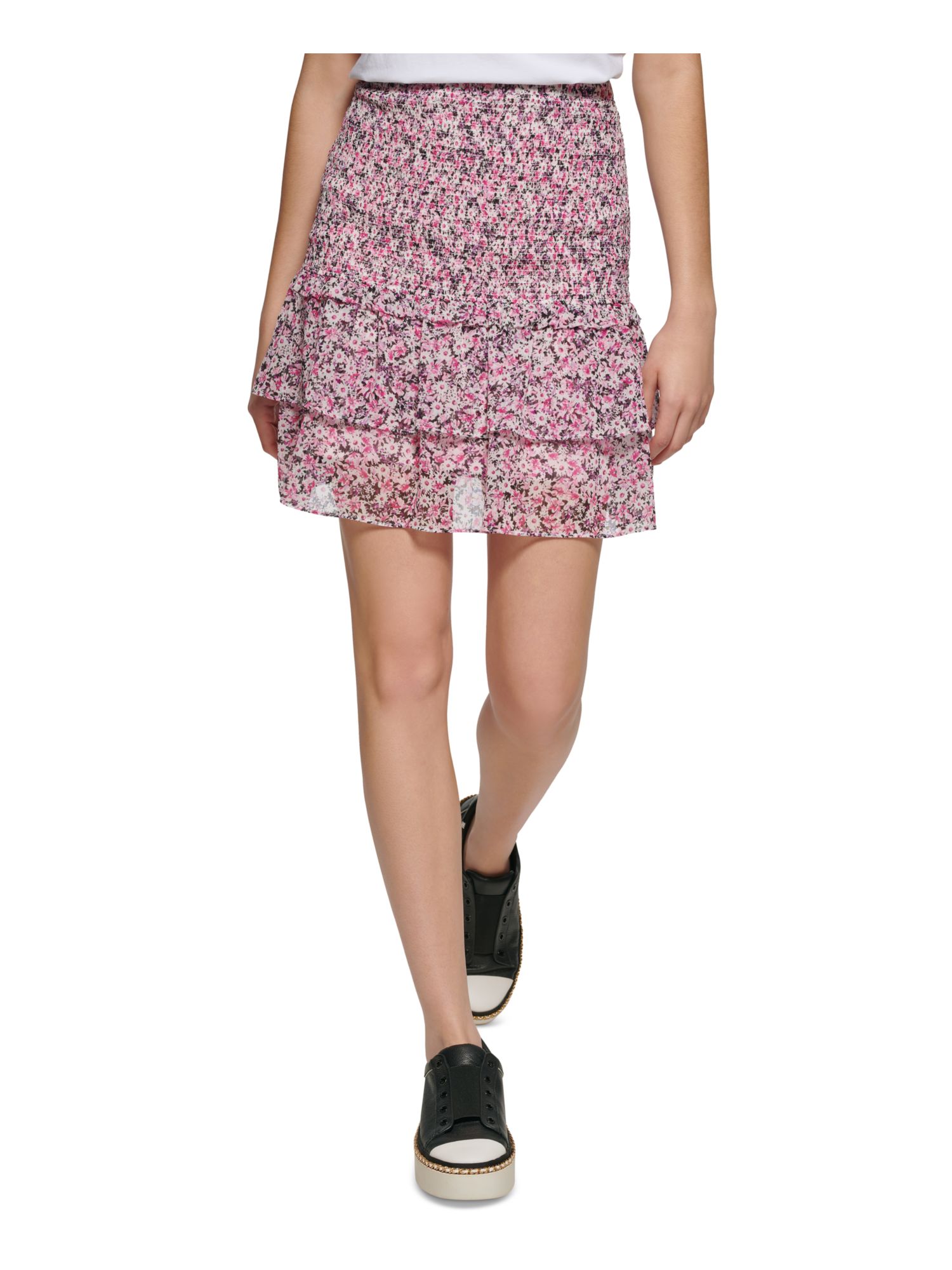 KARL LAGERFELD PARIS Womens Purple Smocked Lined Floral Short Ruffled Skirt L